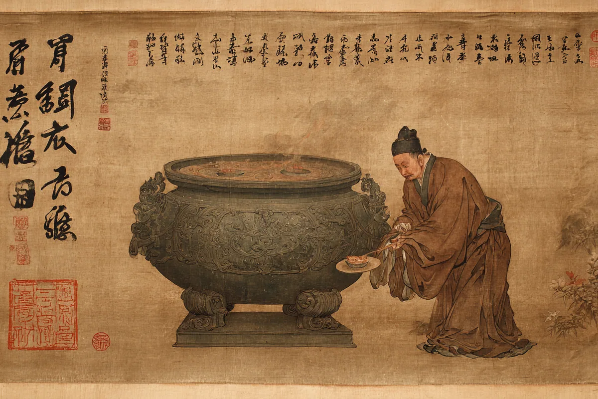 Quẻ Đỉnh — Hỏa Phong Đỉnh, minh họa Song scroll