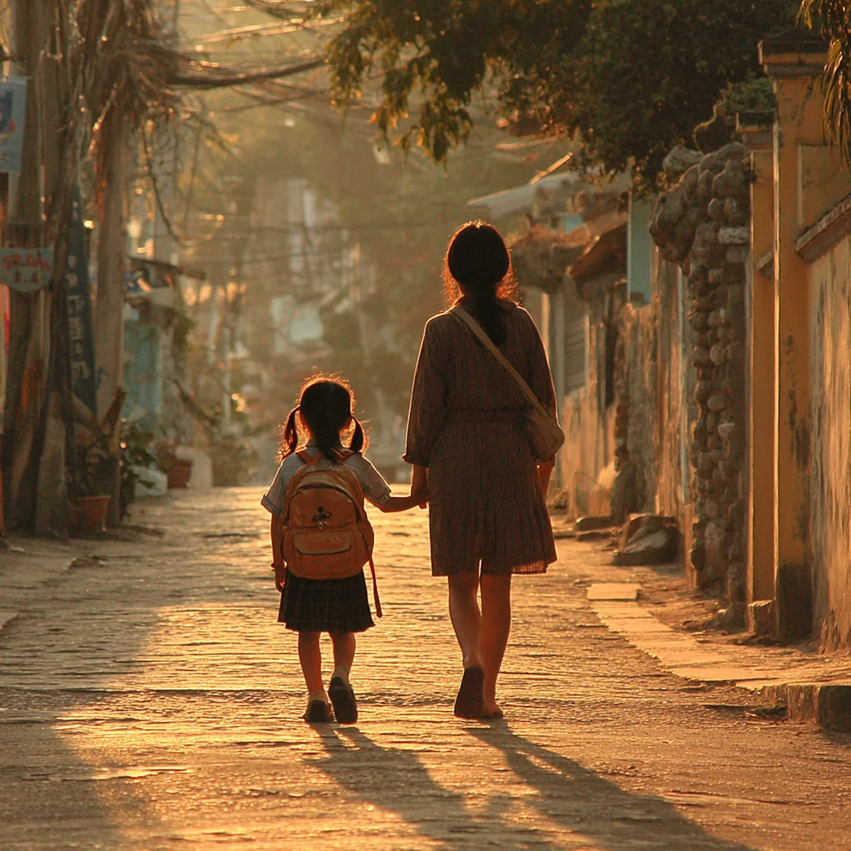Ảnh minh hoạ — hai mẹ con nắm tay đi bộ đến trường, nắng vàng ban mai.