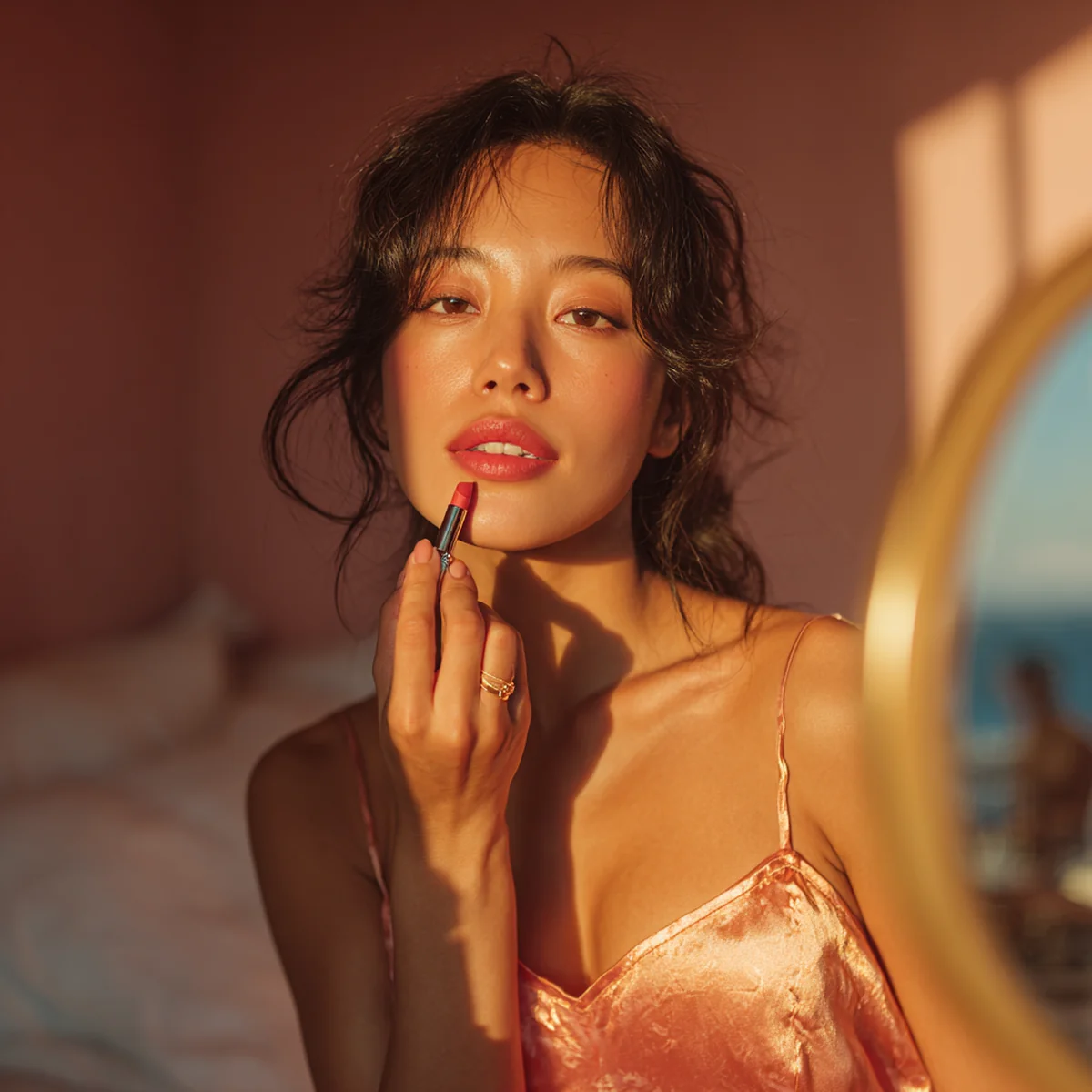 Ảnh minh hoạ — cô gái 30 tô son trước gương trang điểm, đeo nhẫn cưới, ảnh chồng mờ phía sau.