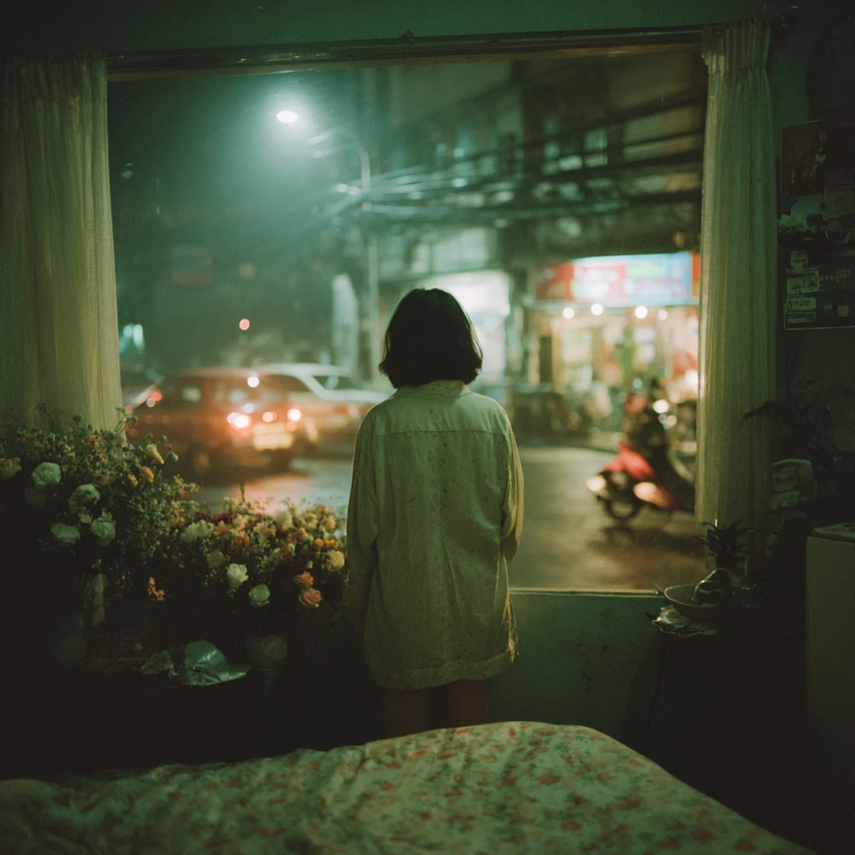 Ảnh minh hoạ — cô gái mặc áo cotton mỏng đứng cửa sổ phòng đêm, váy cưới treo phía sau, ngoài phố vắng.
