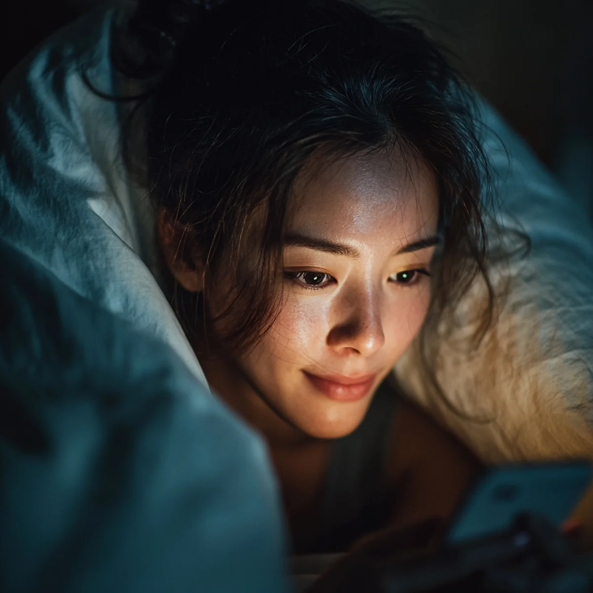 Ảnh minh hoạ — gương mặt vợ nghiêng nhìn màn hình điện thoại lúc đêm khuya, ánh xanh lạnh phản chiếu.