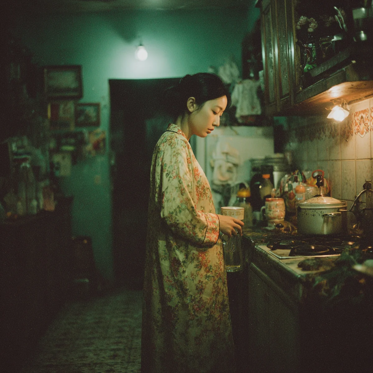 Ảnh minh hoạ — người vợ đứng bếp một mình rót nước lúc 2 giờ sáng, căn nhà chìm trong bóng tối.