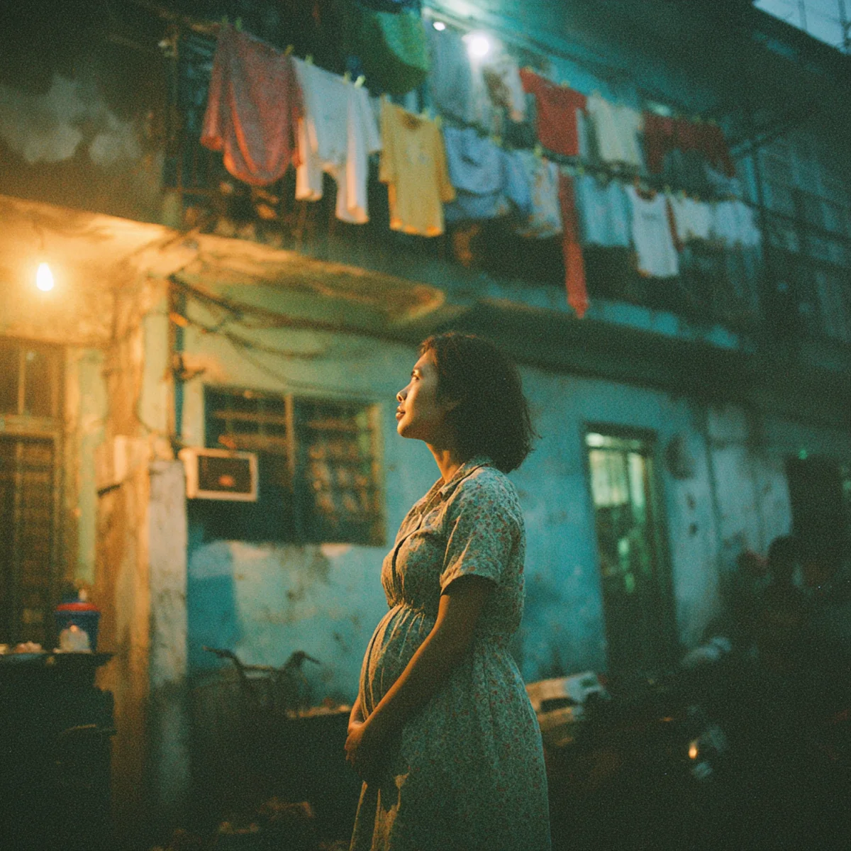 Ảnh minh hoạ — người vợ trẻ đi qua khu chung cư cũ, dây quần áo trẻ em phơi trên ban công lạ.
