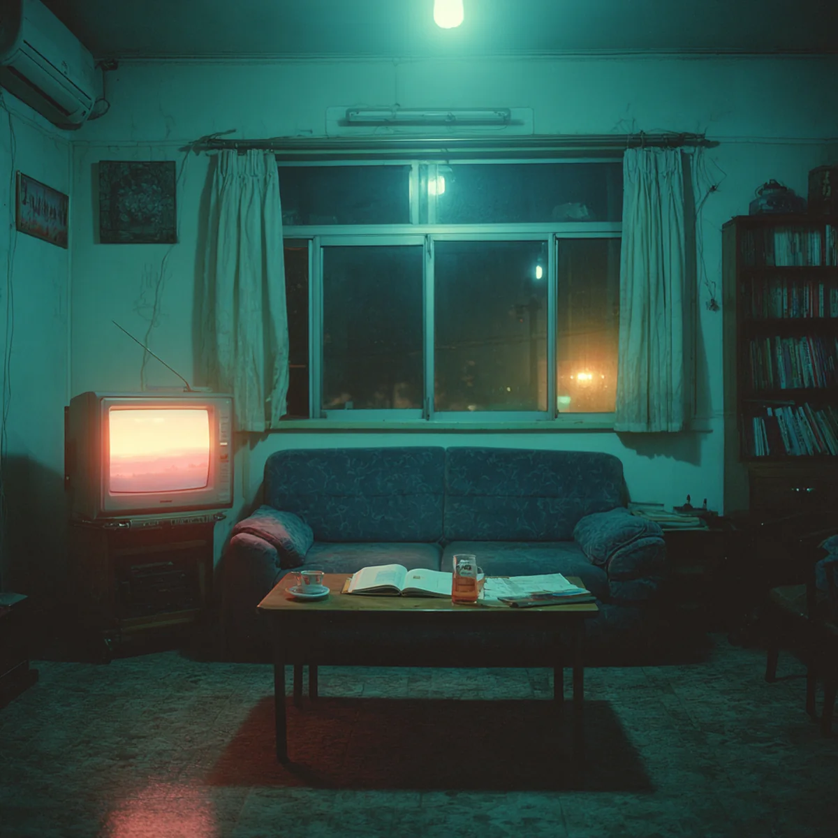 Ảnh minh hoạ — phòng khách trống, ánh TV nhấp nháy không tiếng, hai chỗ ngồi xa cách trên ghế sofa.