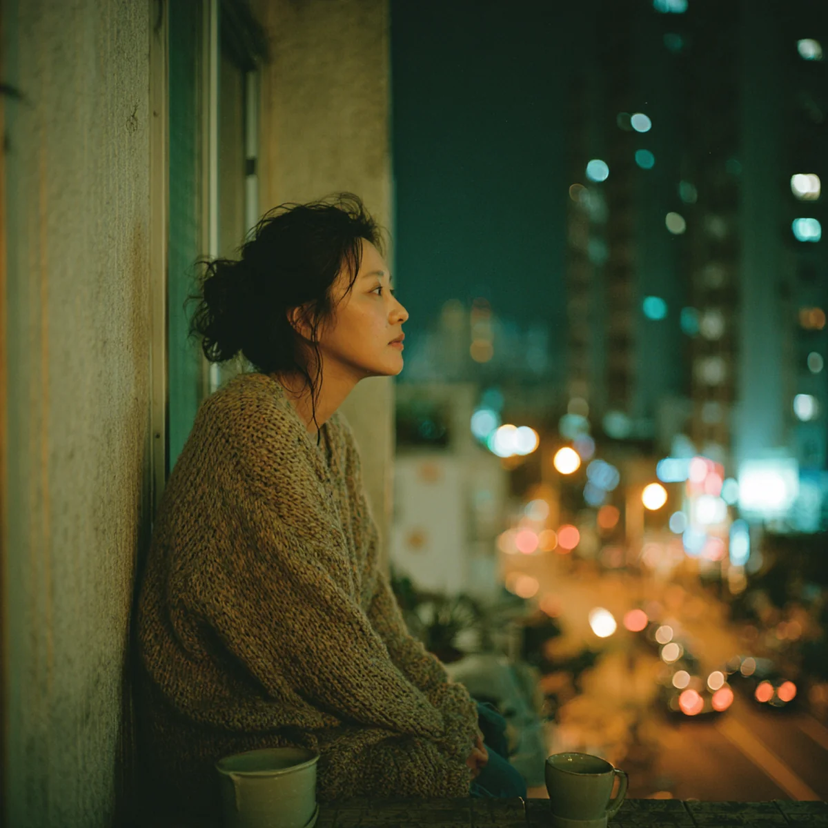 Ảnh minh hoạ — người vợ ngồi một mình ban công khuya, áo cardigan quấn chặt vai.