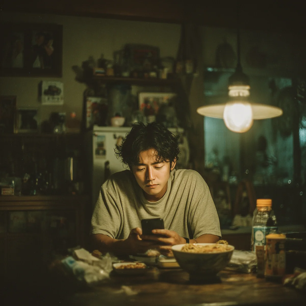 Ảnh minh hoạ — người đàn ông kiểm tra app ngân hàng trên điện thoại, tô mì nguội bên bàn bếp đêm khuya.