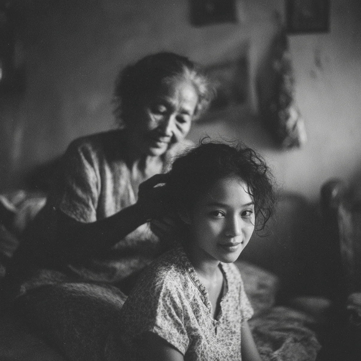 Ảnh minh hoạ — con dâu nâng tóc chải cho mẹ chồng già trong căn phòng nhỏ, ánh sáng ấm.