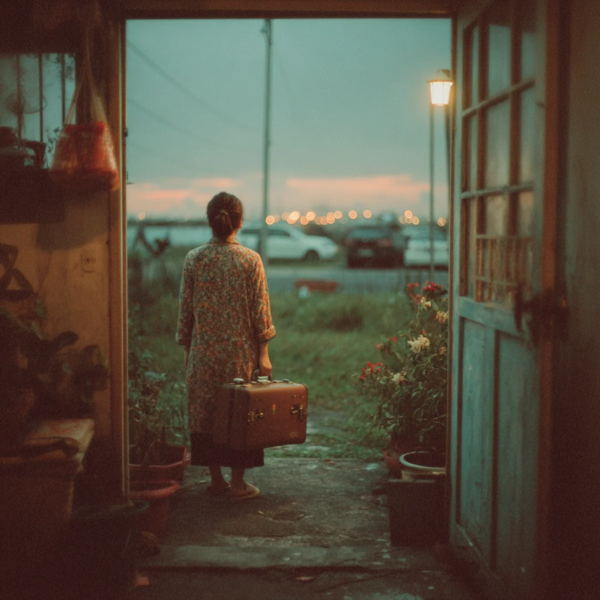 Ảnh minh hoạ — người phụ nữ đứng cửa nhà cũ, valise đặt sẵn bên chân nhưng không bước.