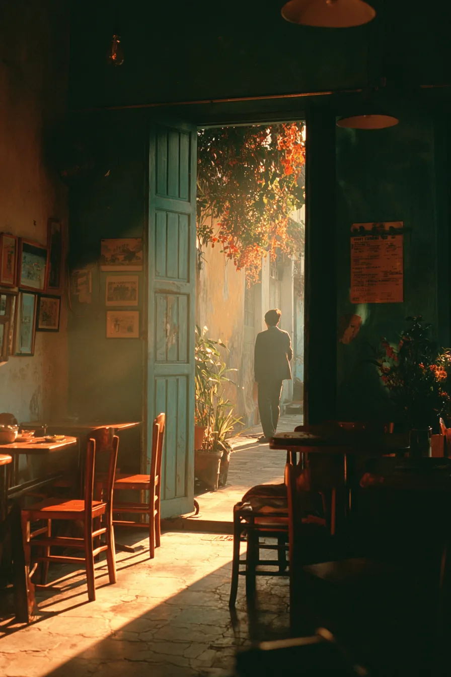Quán cà phê nhỏ trong hẻm giờ đóng cửa — một người đứng trước cửa nhìn vào