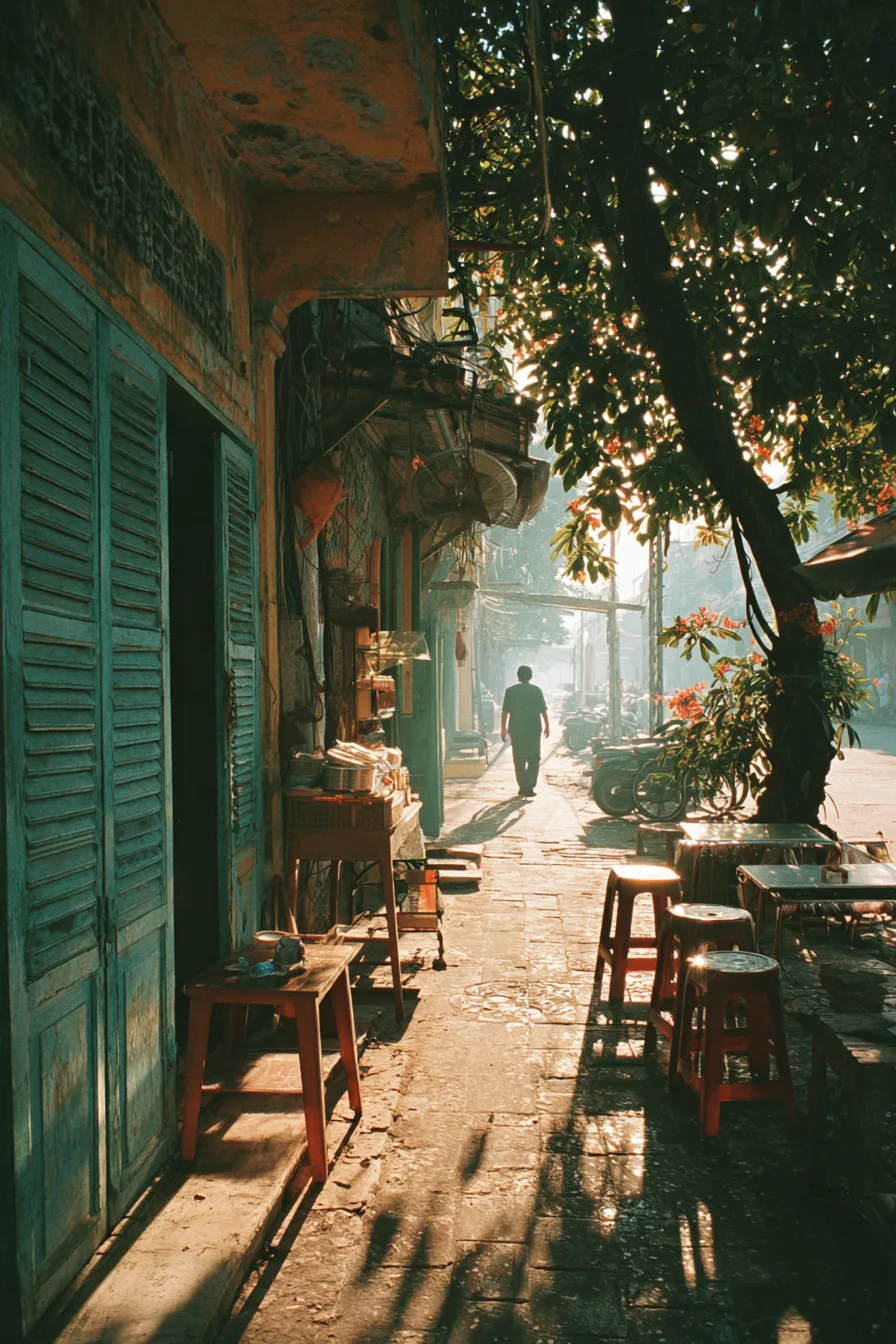 Phố Việt Nam giữa trưa nắng gắt, hơi nóng bốc lên từ mặt đường