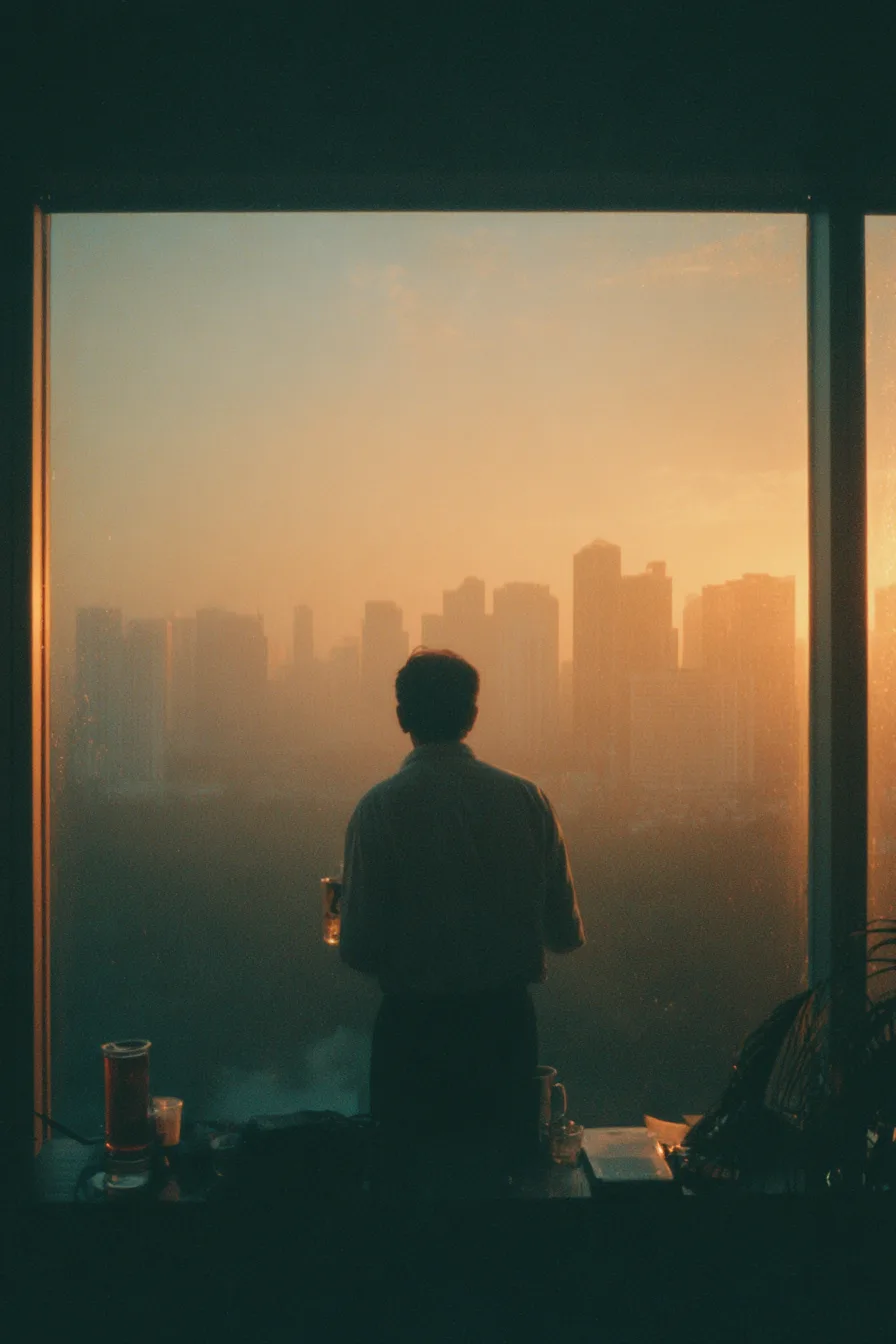 Người đàn ông trung niên đứng lặng bên cửa sổ buổi chiều, tay cầm chén trà nguội