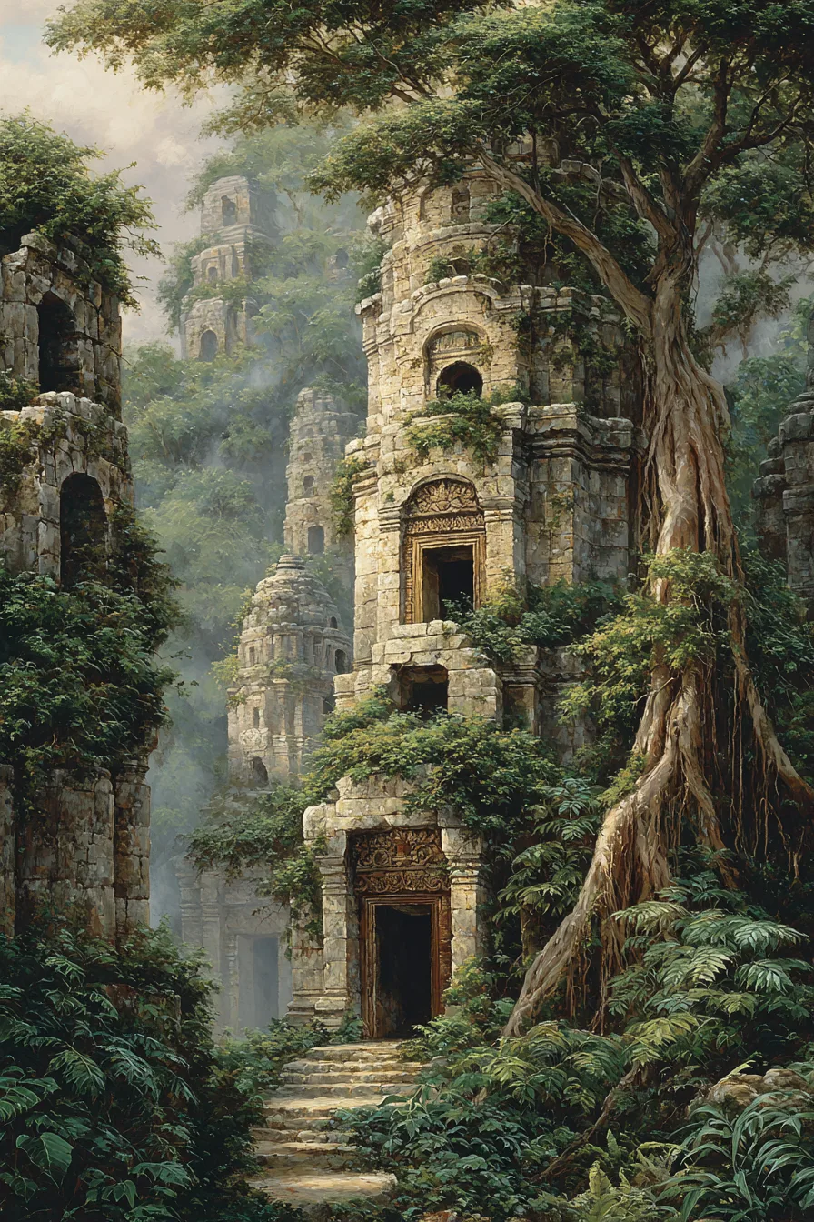 Phế tích Angkor Wat trong sương sớm, rễ cây cổ thụ quấn lấy tháp đá