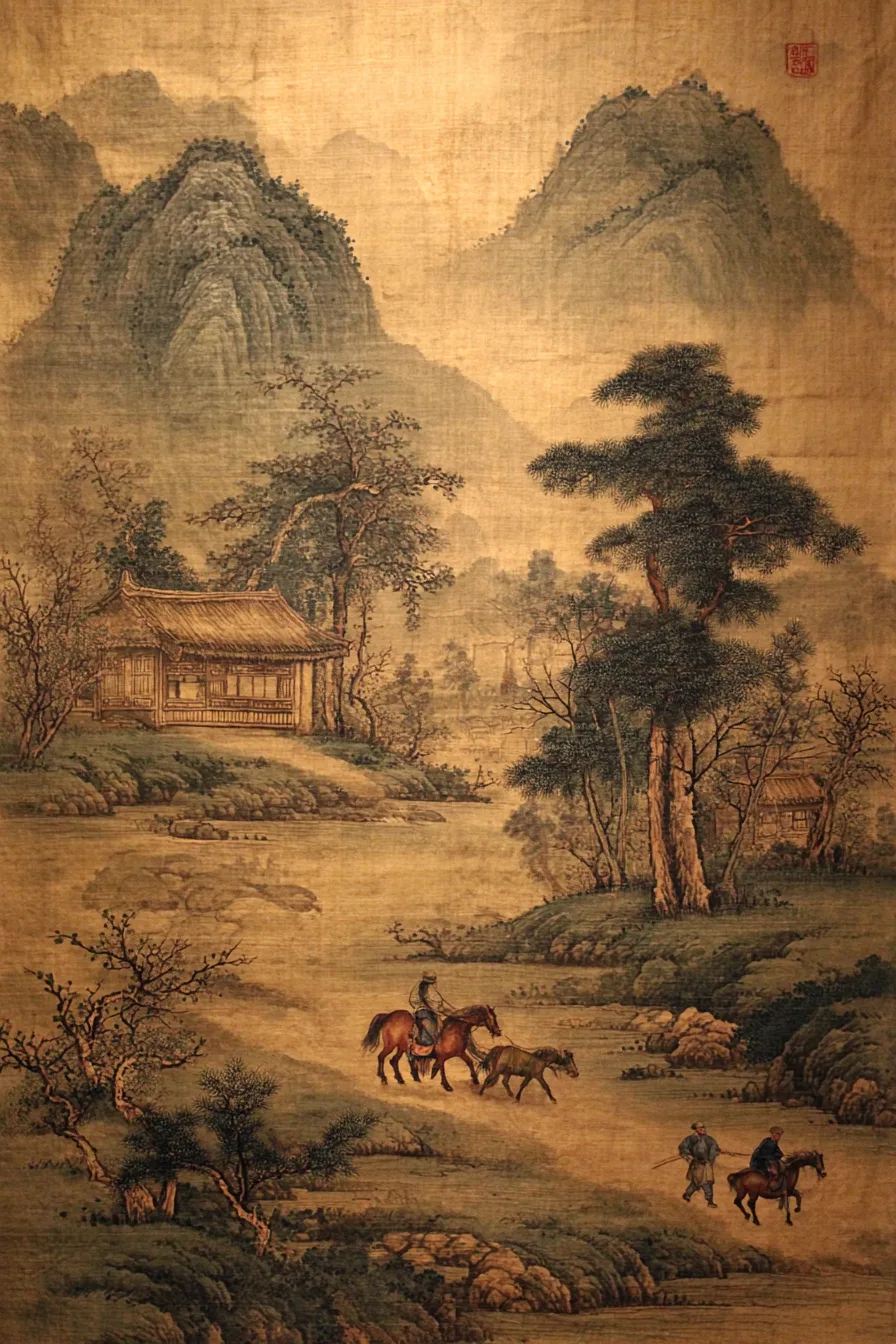 Tranh lụa cổ — con ngựa trở về dẫn theo ngựa hoang, lão ông mỉm cười