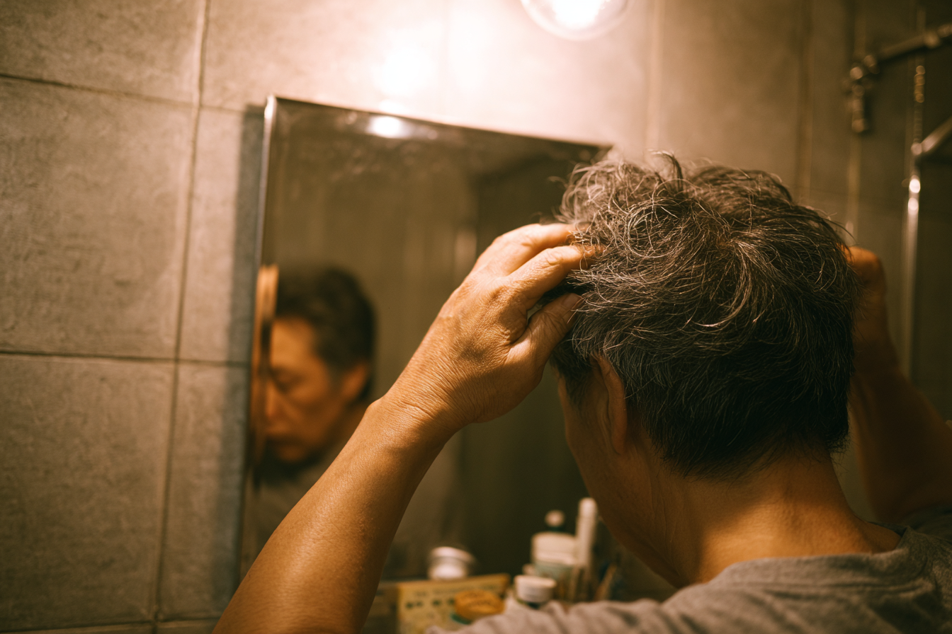 Người cha gần 60 tuổi đứng nhuộm tóc đen trước gương phòng tắm — chỉ thấy lưng và tay