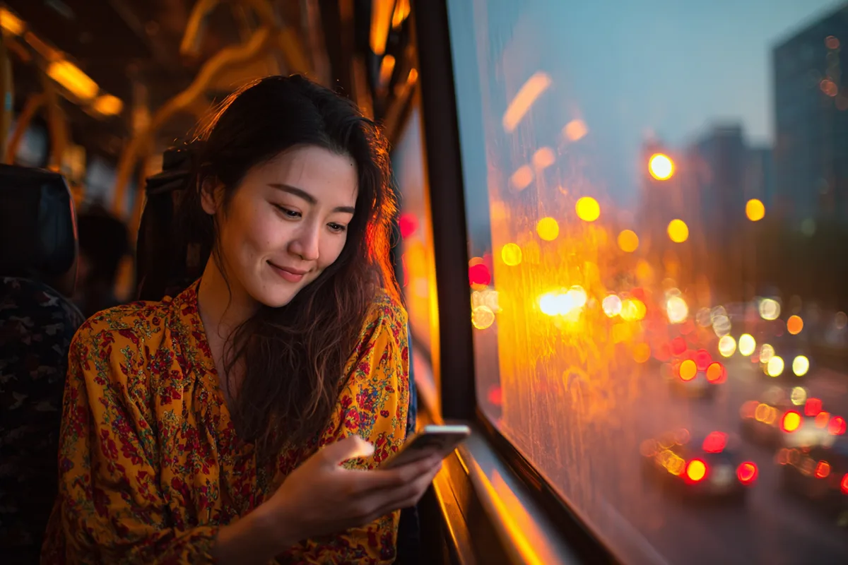 Cô gái ngồi trên xe buýt đêm, cúi đọc tin nhắn trên điện thoại, ánh đèn vàng hắt qua cửa kính