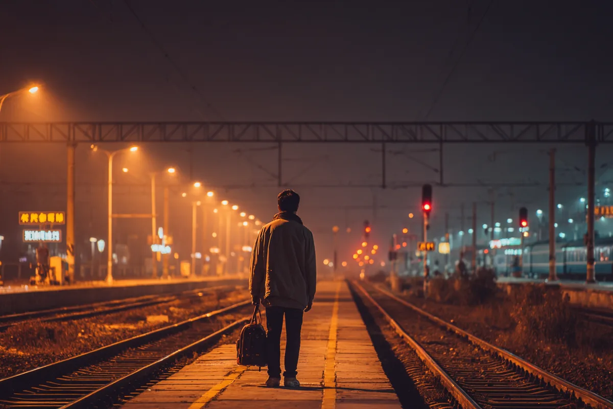 Người đàn ông trẻ đứng chờ tàu đêm trên sân ga vắng, ánh đèn ga mờ trong sương