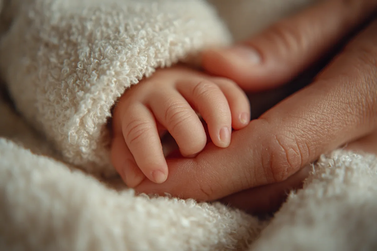 Bàn tay người cha trẻ nâng bàn tay nhỏ xíu của đứa con sơ sinh trong ánh sáng dịu buổi sớm